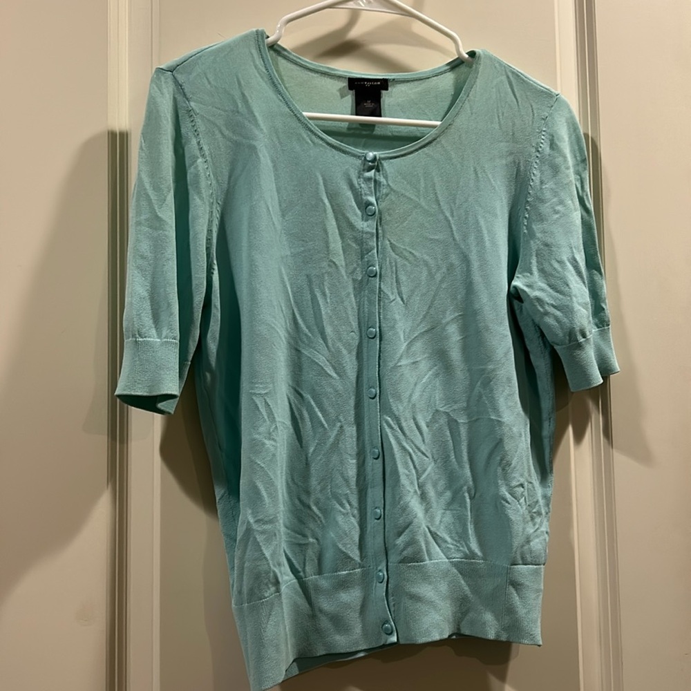 Ann Taylor button down Short Sleeve rayon blend Cardigan light turquoise top M